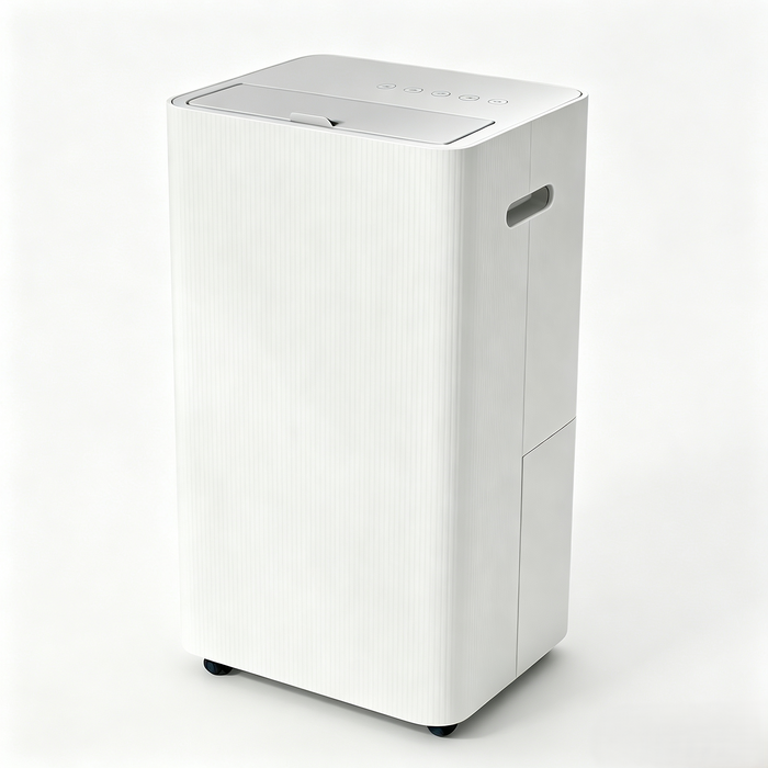 Solenco 20L Dehumidifier in white with grey top, three-quarter front view showing the fluted-glass effect panel