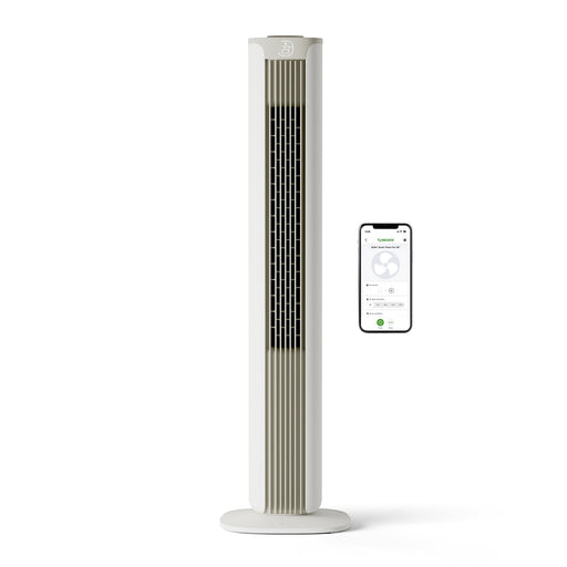 MeacoFan Sefte Smart 36" Tower Fan shown with the Meaco smartphone app for WiFi control