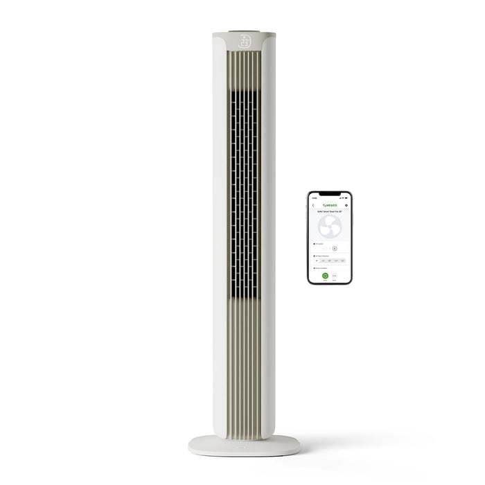MeacoFan Sefte Smart 36" Tower Fan shown with the Meaco smartphone app for WiFi control