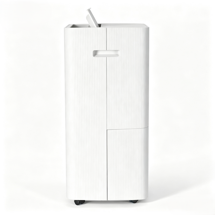 Solenco 20L Dehumidifier in white, side view with carry handle and castor wheels