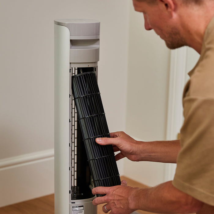 MeacoFan Sefte Smart 36" Tower Fan with the blade cartridge being removed for cleaning