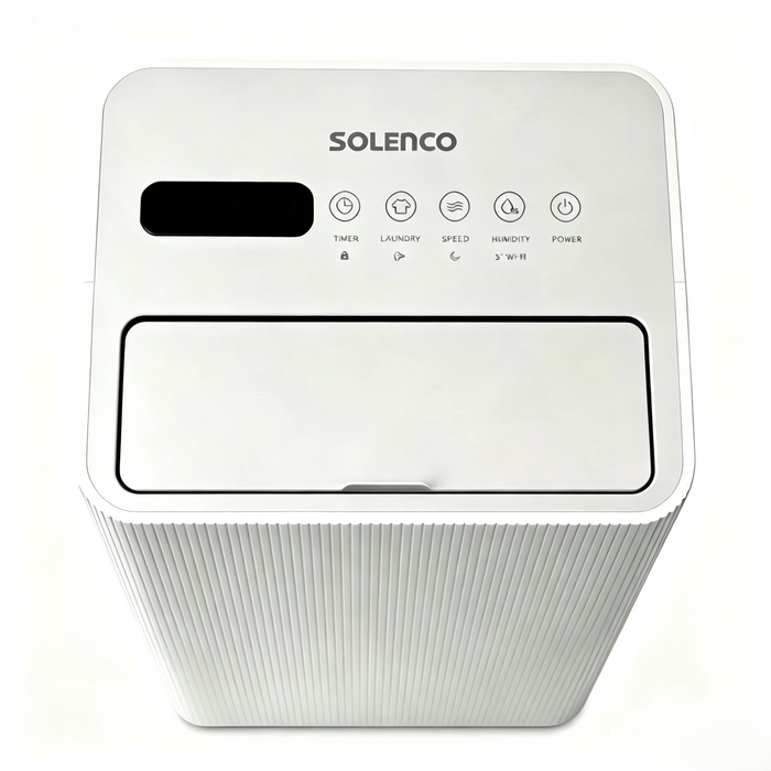 Solenco 20L Dehumidifier control panel on the grey top, display and touch buttons viewed from above