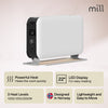 White and black electric heater with features listed on a light pink background, branded 'mill'.
