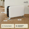 White electric heater with dimensions and safety features on a wooden floor, branded 'mill'.