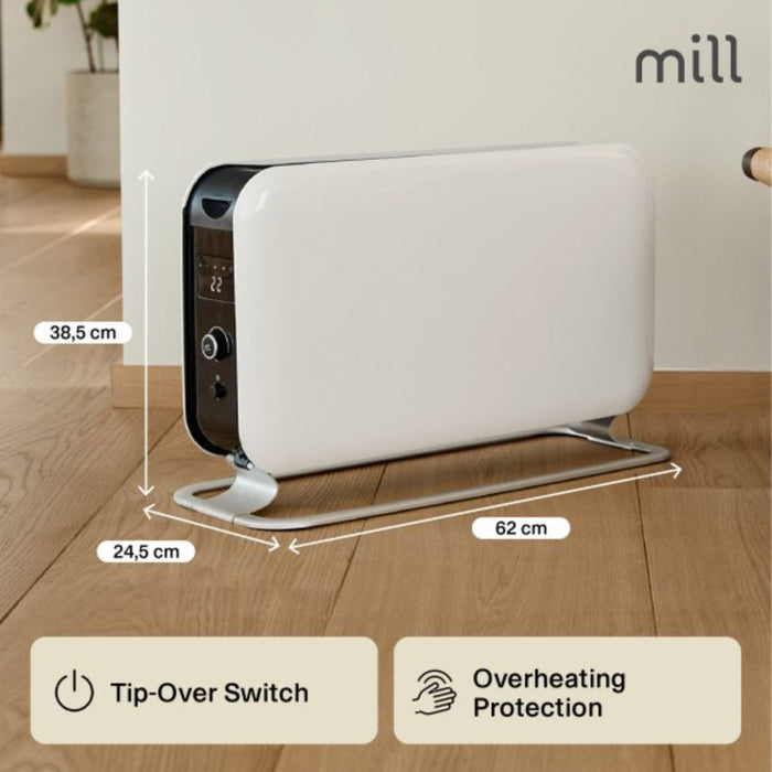 White electric heater with dimensions and safety features on a wooden floor, branded 'mill'.