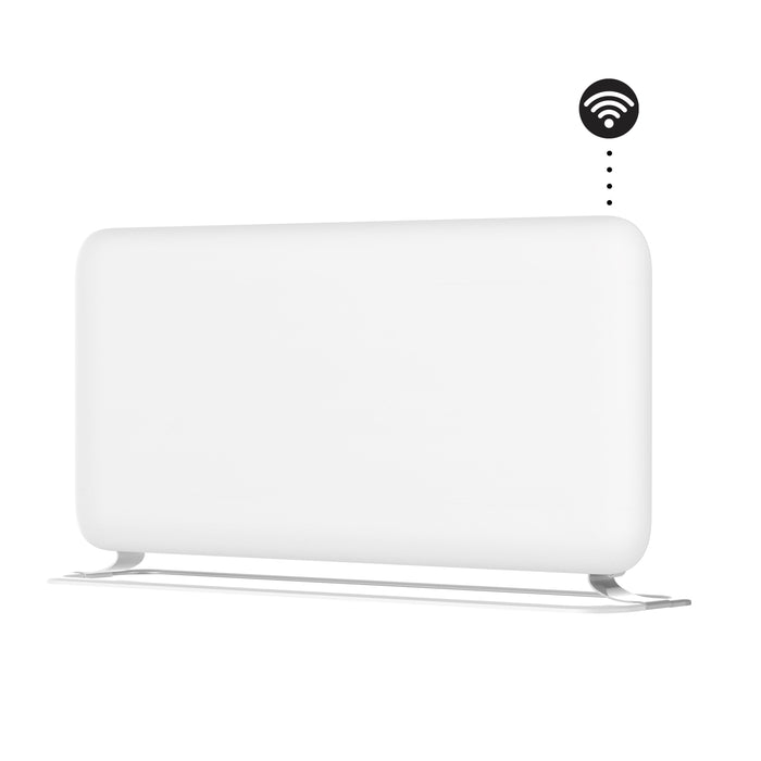 A white, flat-panel space heater with a minimalistic design, mounted on a wall, with a visible WiFi signal icon at the top right corner.