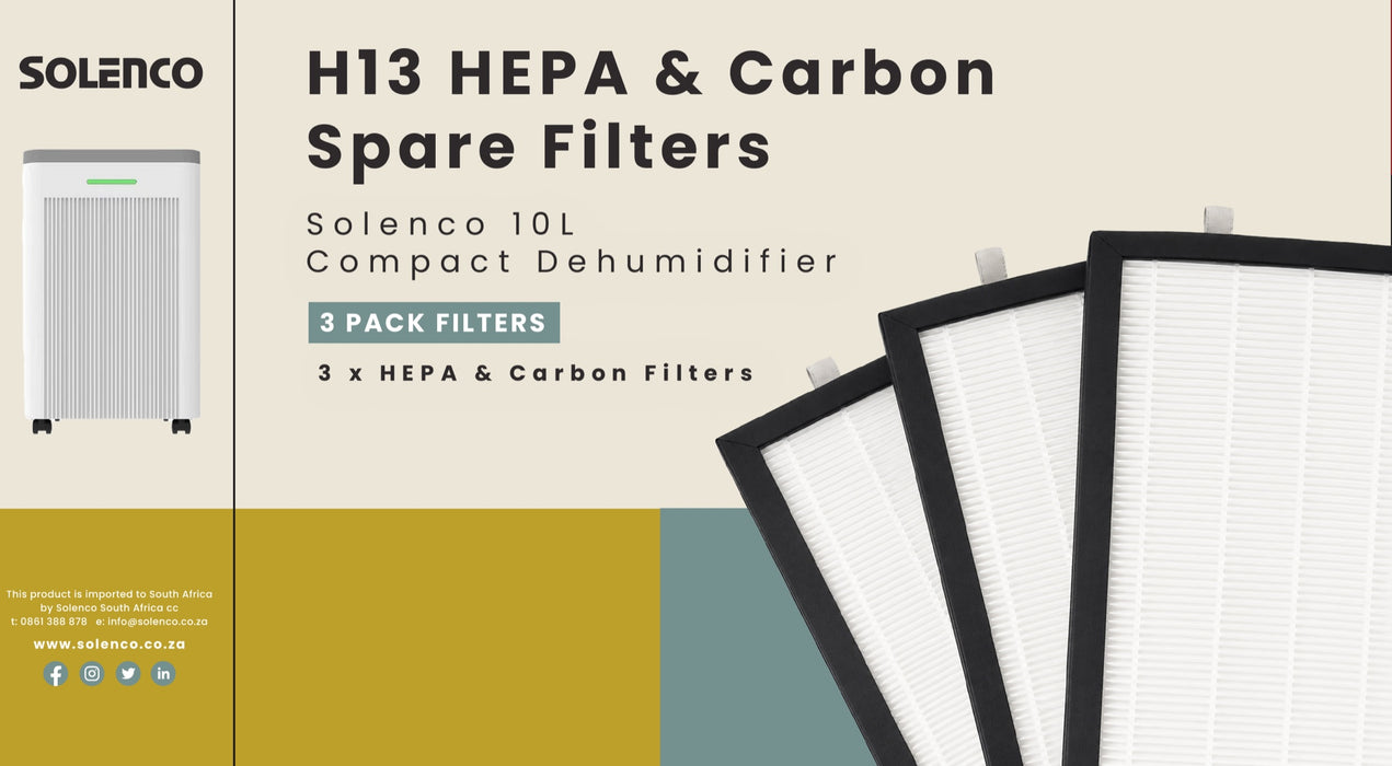 Solenco 10L H13 HEPA & Carbon Spare Filters – pack of 3, retail box
