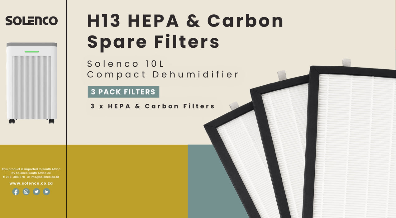 Solenco 10L H13 HEPA & Carbon Spare Filters – pack of 3, retail box