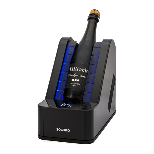 Solenco Life Precision Bottle Wine Cooler chilling a bottle of sparkling wine, blue status light on